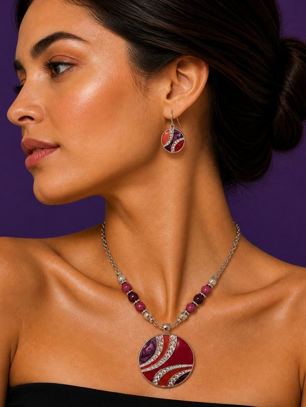 KENNETH COLE Purple and Pink Abstract Circle Pendant Necklace Earrings Set